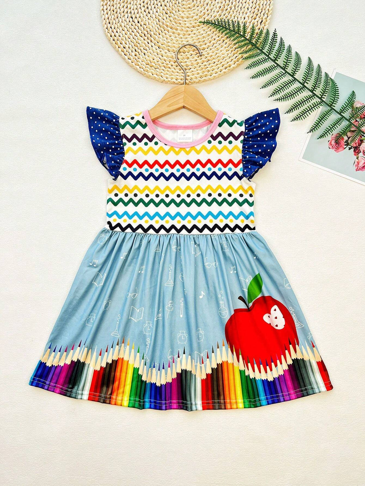 Young Girl Spring/Summer/Autumn Apple Print Pencil Skirt, Cap Sleeve Casual Dress For School