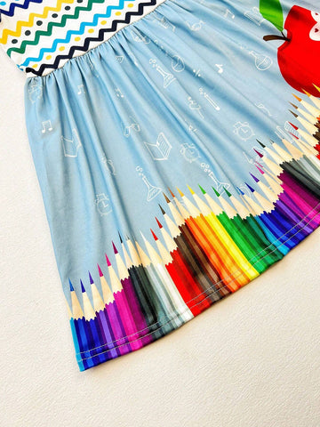 Young Girl Spring/Summer/Autumn Apple Print Pencil Skirt, Cap Sleeve Casual Dress For School