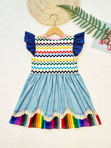 Young Girl Spring/Summer/Autumn Apple Print Pencil Skirt, Cap Sleeve Casual Dress For School