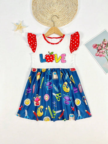 Young Girl Spring/Summer/Autumn Back-To-School Outfit Set: Apple & Globe Printed Backpack, Pencil & Book Print Flutter Sleeve Casual Dress