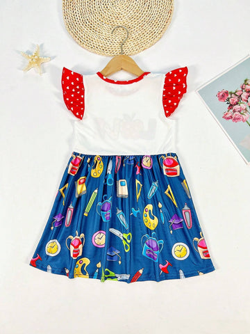 Young Girl Spring/Summer/Autumn Back-To-School Outfit Set: Apple & Globe Printed Backpack, Pencil & Book Print Flutter Sleeve Casual Dress