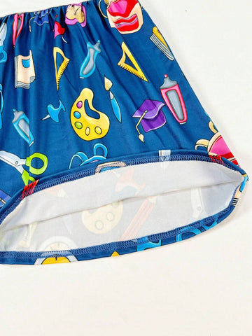 Young Girl Spring/Summer/Autumn Back-To-School Outfit Set: Apple & Globe Printed Backpack, Pencil & Book Print Flutter Sleeve Casual Dress