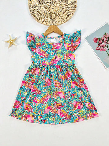 Young Girl Spring/Summer/Autumn Casual Flamingo Print Batwing Sleeve Dress