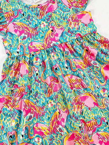 Young Girl Spring/Summer/Autumn Casual Flamingo Print Batwing Sleeve Dress
