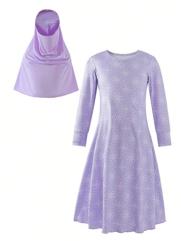 Young Girl Spring/Summer Casual Long Sleeve Printed Dress With Face Mask