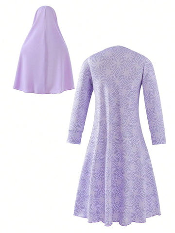 Young Girl Spring/Summer Casual Long Sleeve Printed Dress With Face Mask