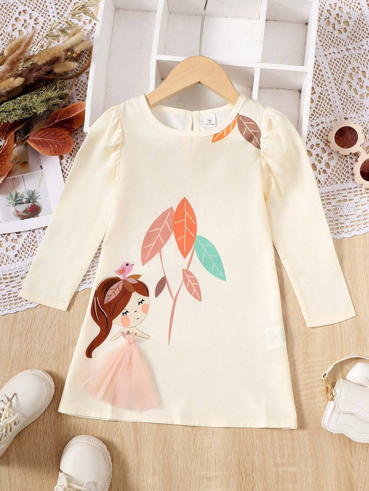 Young Girl Spring/Summer Casual Rural Style Plant & Cartoon Girl Printed Bubble Sleeve Dress