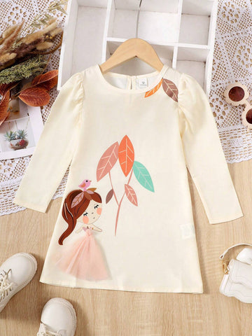 Young Girl Spring/Summer Casual Rural Style Plant & Cartoon Girl Printed Bubble Sleeve Dress