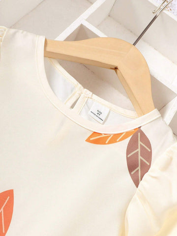 Young Girl Spring/Summer Casual Rural Style Plant & Cartoon Girl Printed Bubble Sleeve Dress