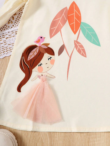 Young Girl Spring/Summer Casual Rural Style Plant & Cartoon Girl Printed Bubble Sleeve Dress