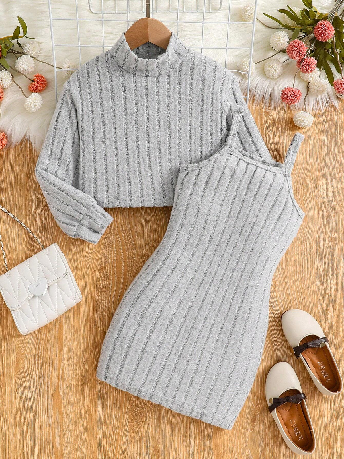 Young Girl Spring/Summer Solid Stand Collar Ribbed Knit Top And Cami Dress 2pcs Outfit Set
