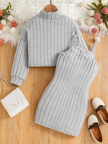 Young Girl Spring/Summer Solid Stand Collar Ribbed Knit Top And Cami Dress 2pcs Outfit Set