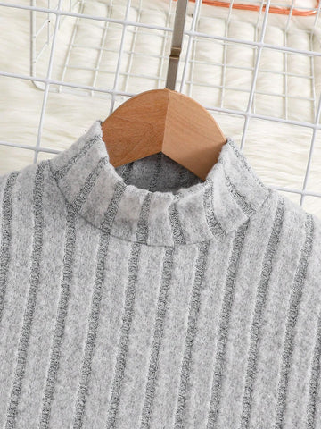 Young Girl Spring/Summer Solid Stand Collar Ribbed Knit Top And Cami Dress 2pcs Outfit Set