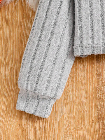 Young Girl Spring/Summer Solid Stand Collar Ribbed Knit Top And Cami Dress 2pcs Outfit Set