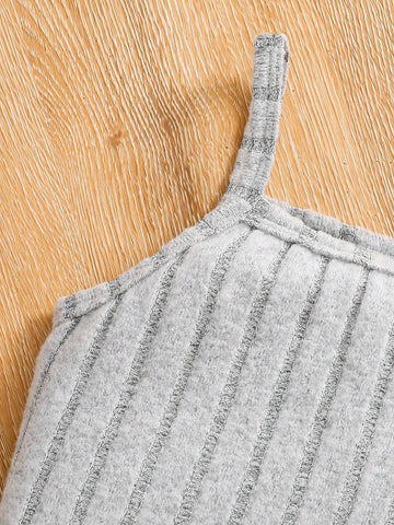 Young Girl Spring/Summer Solid Stand Collar Ribbed Knit Top And Cami Dress 2pcs Outfit Set