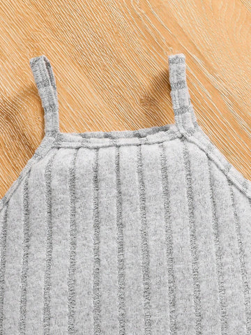 Young Girl Spring/Summer Solid Stand Collar Ribbed Knit Top And Cami Dress 2pcs Outfit Set