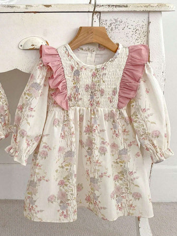 Young Girl Spring And Autumn Floral Color Block Ruffle Trim Dress With Lotus Leaf Sleeves