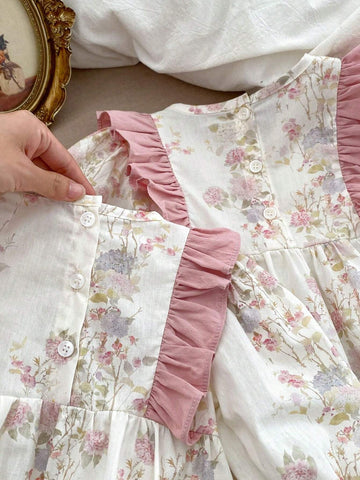 Young Girl Spring And Autumn Floral Color Block Ruffle Trim Dress With Lotus Leaf Sleeves