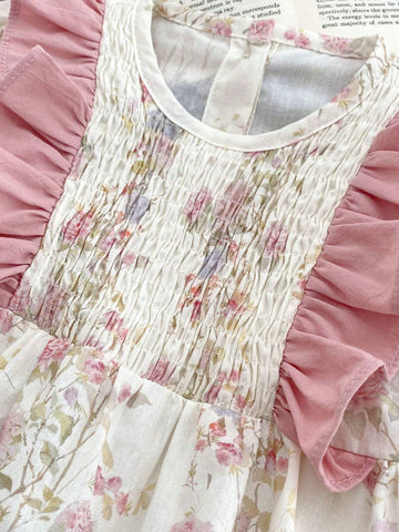 Young Girl Spring And Autumn Floral Color Block Ruffle Trim Dress With Lotus Leaf Sleeves