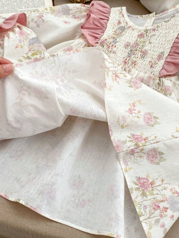 Young Girl Spring And Autumn Floral Color Block Ruffle Trim Dress With Lotus Leaf Sleeves