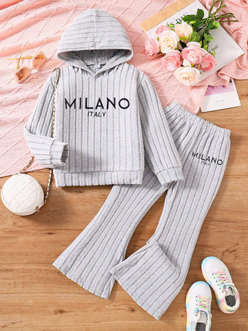 Young Girl Spring Autumn Casual Letter Embroidered Ribbed Knit Hooded Sweatshirt And Flare Pants Suit