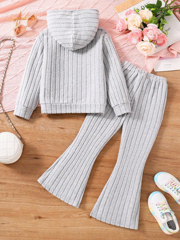 Young Girl Spring Autumn Casual Letter Embroidered Ribbed Knit Hooded Sweatshirt And Flare Pants Suit