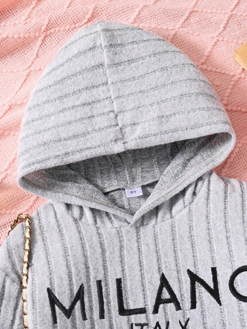 Young Girl Spring Autumn Casual Letter Embroidered Ribbed Knit Hooded Sweatshirt And Flare Pants Suit