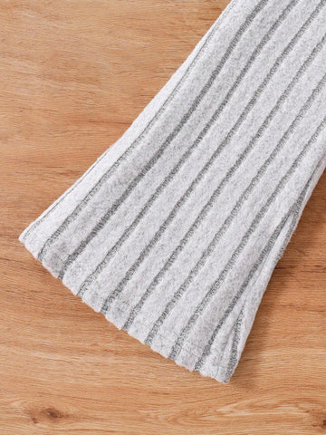 Young Girl Spring Autumn Casual Letter Embroidered Ribbed Knit Hooded Sweatshirt And Flare Pants Suit