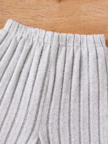 Young Girl Spring Autumn Casual Letter Embroidered Ribbed Knit Hooded Sweatshirt And Flare Pants Suit