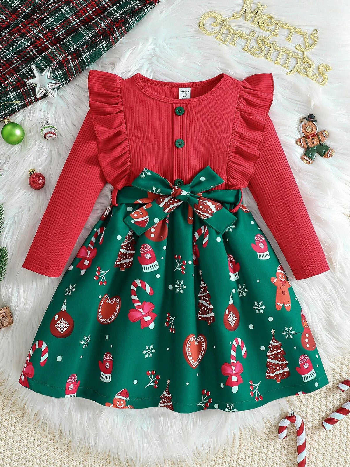 Young Girl Spring Autumn Christmas Series Solid Color Round Neck Flounced Long Sleeve Knitted Top Splicing Cute Christmas Pattern Flared Dress