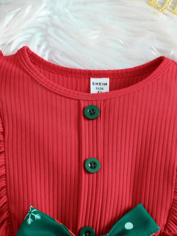 Young Girl Spring Autumn Christmas Series Solid Color Round Neck Flounced Long Sleeve Knitted Top Splicing Cute Christmas Pattern Flared Dress