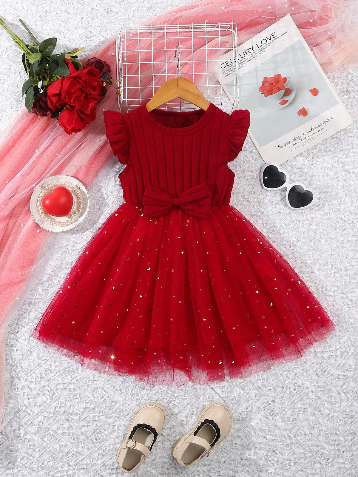 Young Girl Spring New Vertical Rib Stripe Star Mesh & Bow Tie Detachable Sleeve Casual Fashion Dress