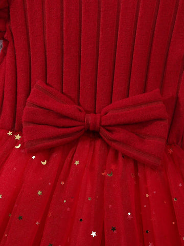 Young Girl Spring New Vertical Rib Stripe Star Mesh & Bow Tie Detachable Sleeve Casual Fashion Dress