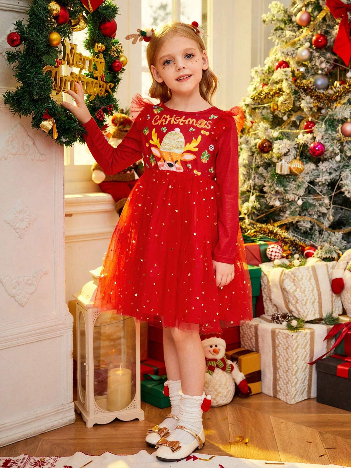 Young Girl Spring Summer Christmas Letter Print Splicing Sequin Mesh Hem Cute Long Sleeve Dress