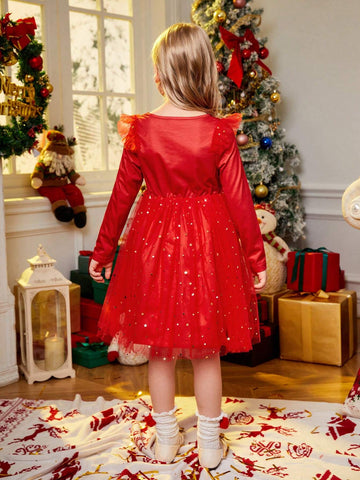 Young Girl Spring Summer Christmas Letter Print Splicing Sequin Mesh Hem Cute Long Sleeve Dress