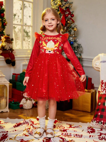 Young Girl Spring Summer Christmas Letter Print Splicing Sequin Mesh Hem Cute Long Sleeve Dress