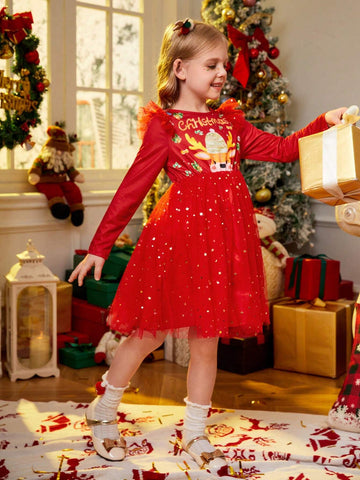 Young Girl Spring Summer Christmas Letter Print Splicing Sequin Mesh Hem Cute Long Sleeve Dress