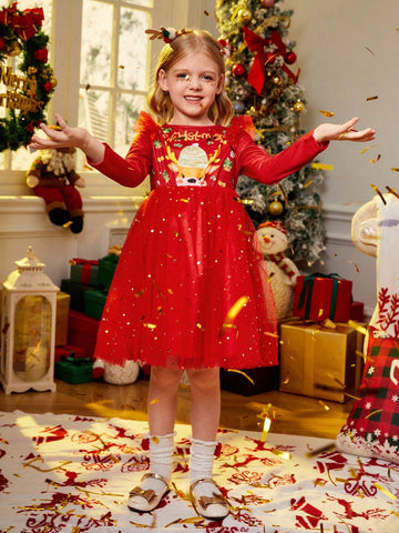 Young Girl Spring Summer Christmas Letter Print Splicing Sequin Mesh Hem Cute Long Sleeve Dress