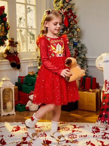 Young Girl Spring Summer Christmas Letter Print Splicing Sequin Mesh Hem Cute Long Sleeve Dress
