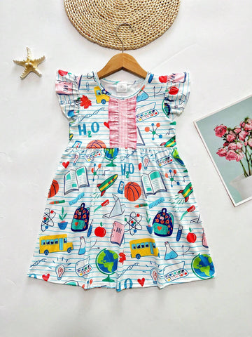 Young Girl Spring Summer Fall Back To School Dress Apple Globe Backpack Printed Flutter Sleeve Casual Dress