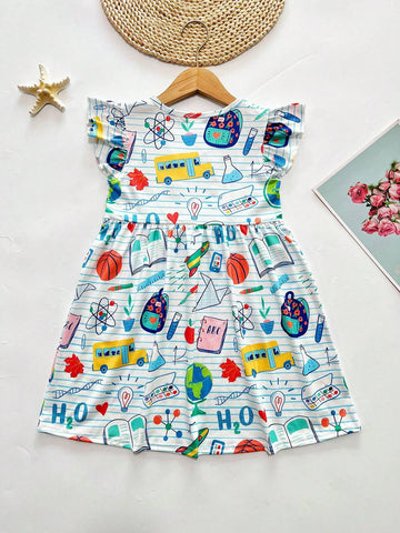Young Girl Spring Summer Fall Back To School Dress Apple Globe Backpack Printed Flutter Sleeve Casual Dress