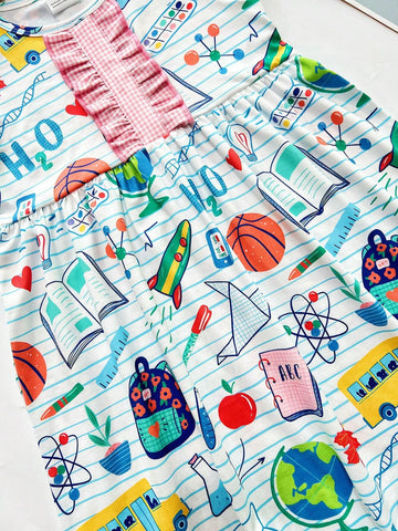 Young Girl Spring Summer Fall Back To School Dress Apple Globe Backpack Printed Flutter Sleeve Casual Dress