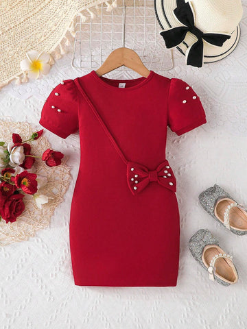 Young Girl Spring & Summer Beaded Puff Sleeve Elegant Round Neck Straight Dress With Matching Bag, Valentine's Day Style