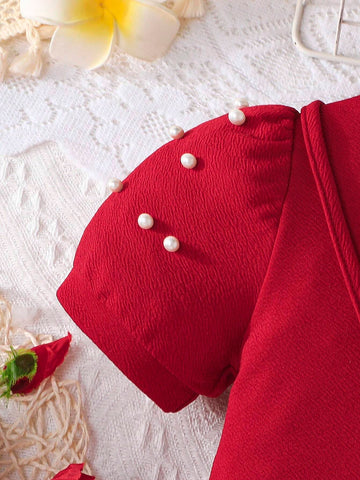 Young Girl Spring & Summer Beaded Puff Sleeve Elegant Round Neck Straight Dress With Matching Bag, Valentine's Day Style
