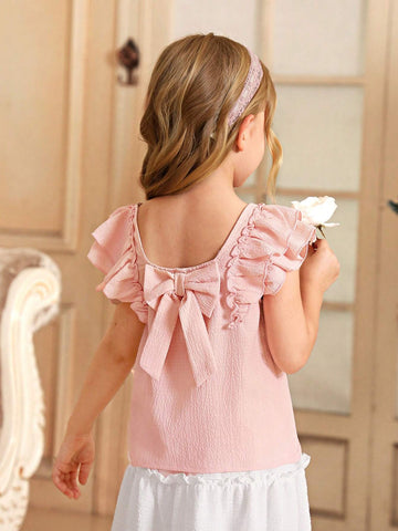 Young Girl Square Neck Double-Layer Flutter Sleeve Top With Back Bowknot Décor