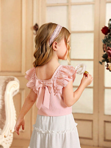 Young Girl Square Neck Double-Layer Flutter Sleeve Top With Back Bowknot Décor