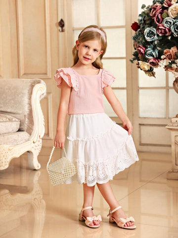 Young Girl Square Neck Double-Layer Flutter Sleeve Top With Back Bowknot Décor