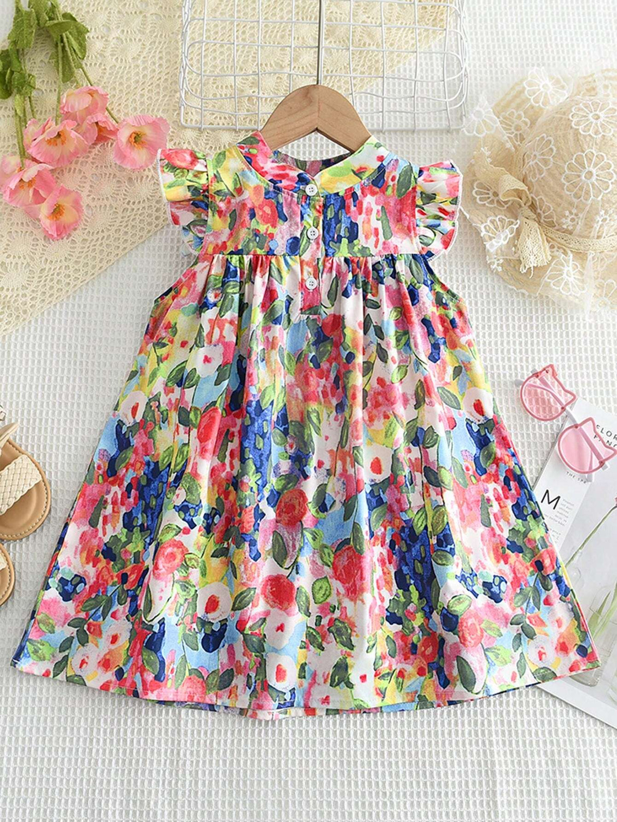 Young Girl Stand Collar Cap Sleeve Floral Print A-Line Dress, Summer