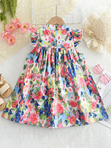 Young Girl Stand Collar Cap Sleeve Floral Print A-Line Dress, Summer