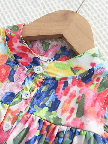 Young Girl Stand Collar Cap Sleeve Floral Print A-Line Dress, Summer